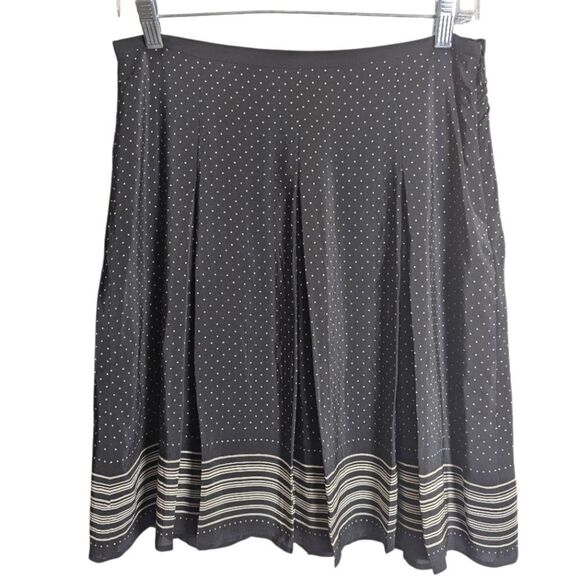 Ann Taylor LOFT Black & White Dot Stripe Silk Pleated A-Line Midi Skirt Womens 8 - Picture 1 of 4